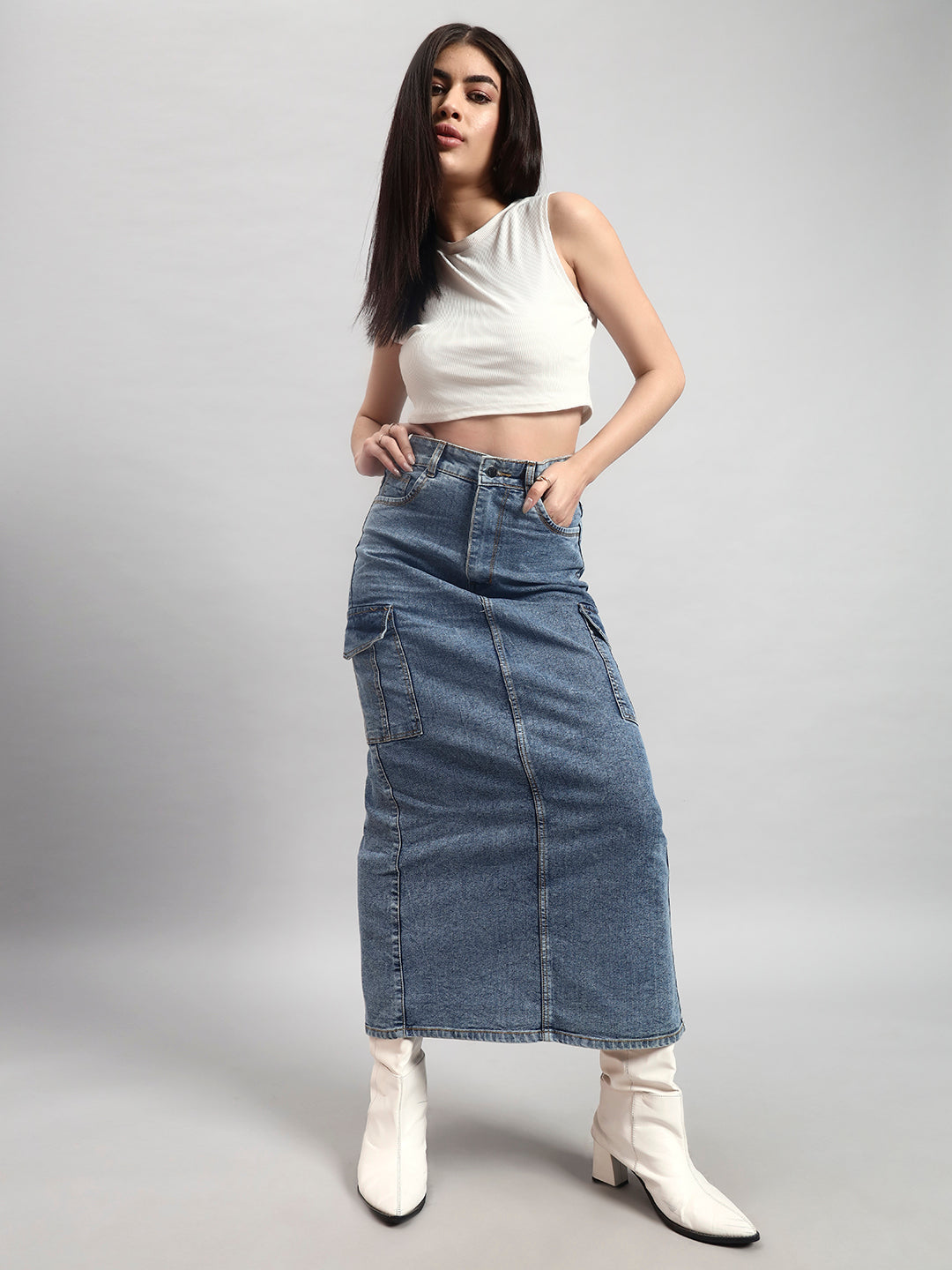 Light Blue Cargo Midi Denim Skirt with Back Slit