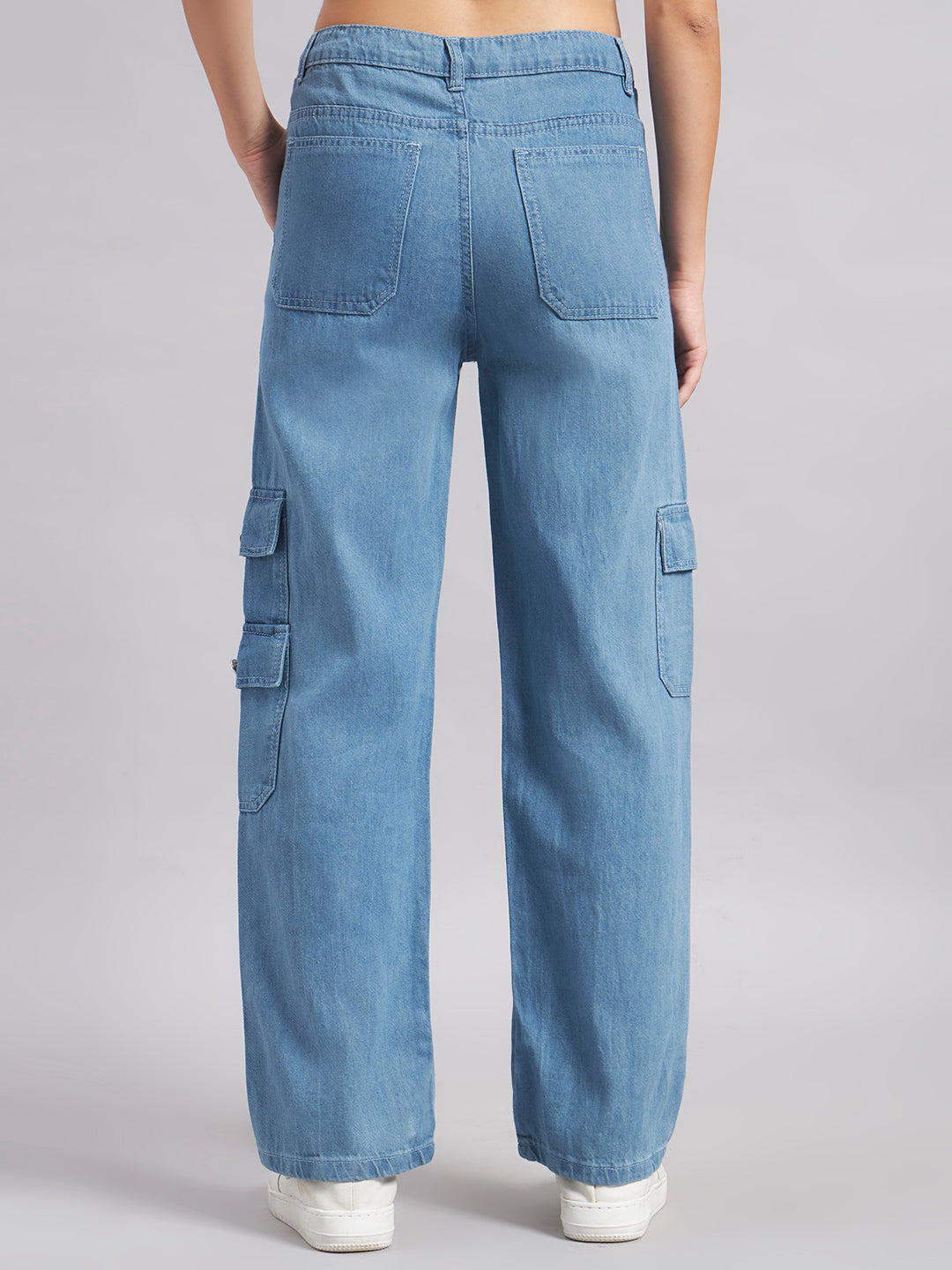Women's Light Blue High-Rise Cargo Straight Leg Jeans