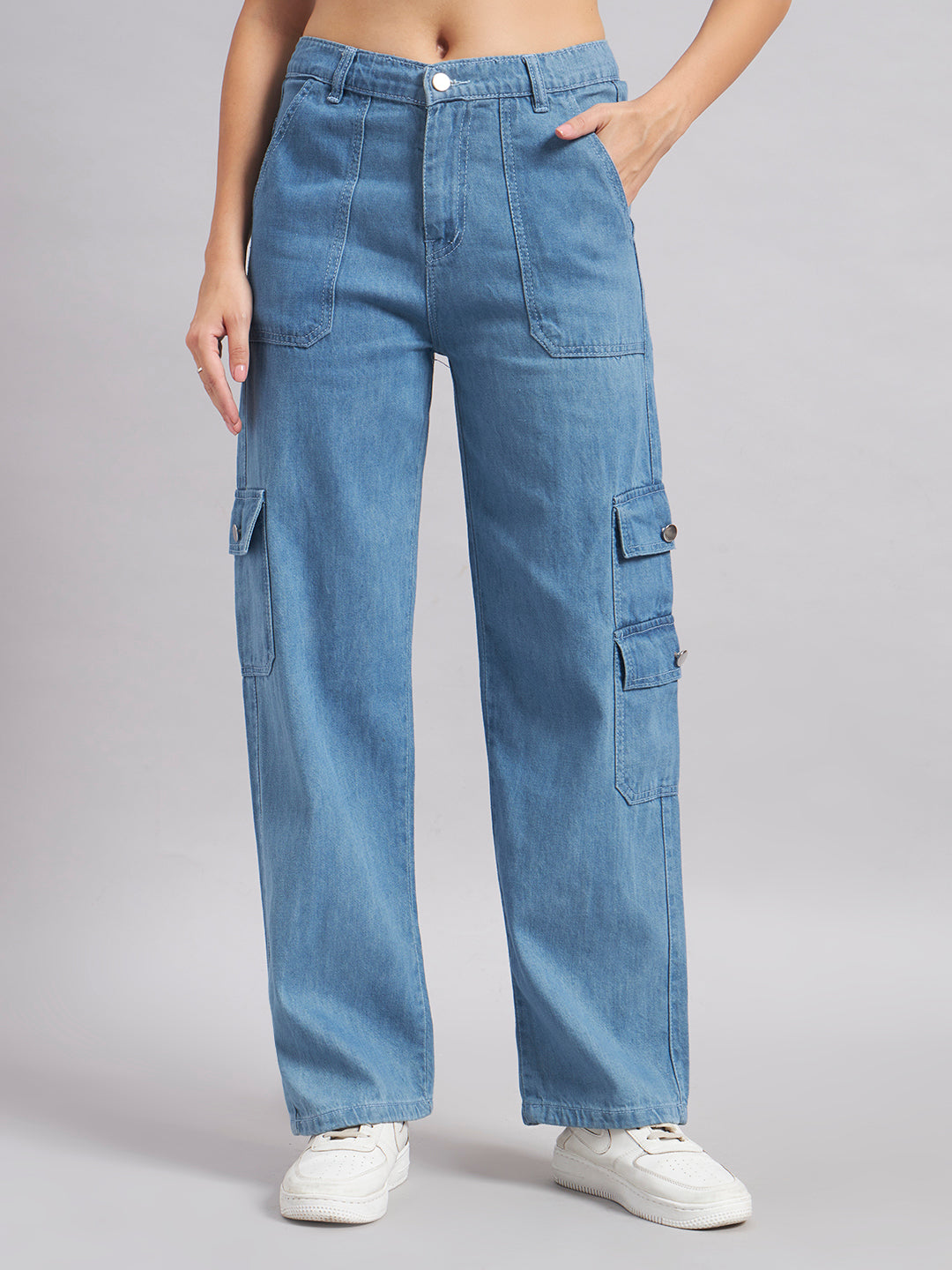 Women's Light Blue High-Rise Cargo Straight Leg Jeans