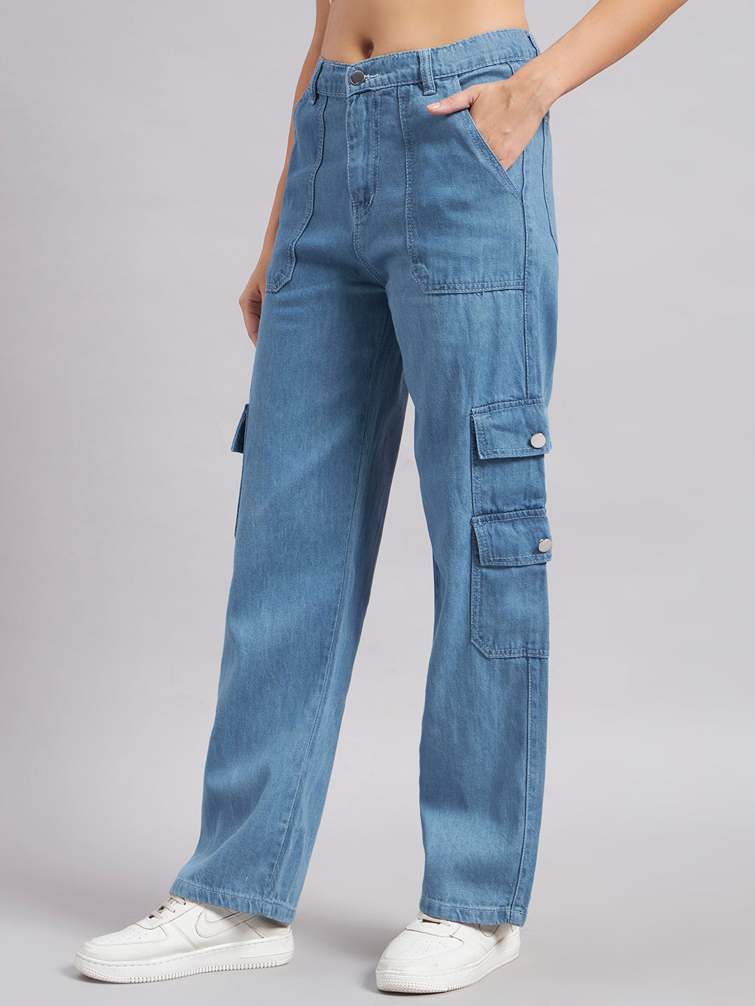 Women's Light Blue High-Rise Cargo Straight Leg Jeans