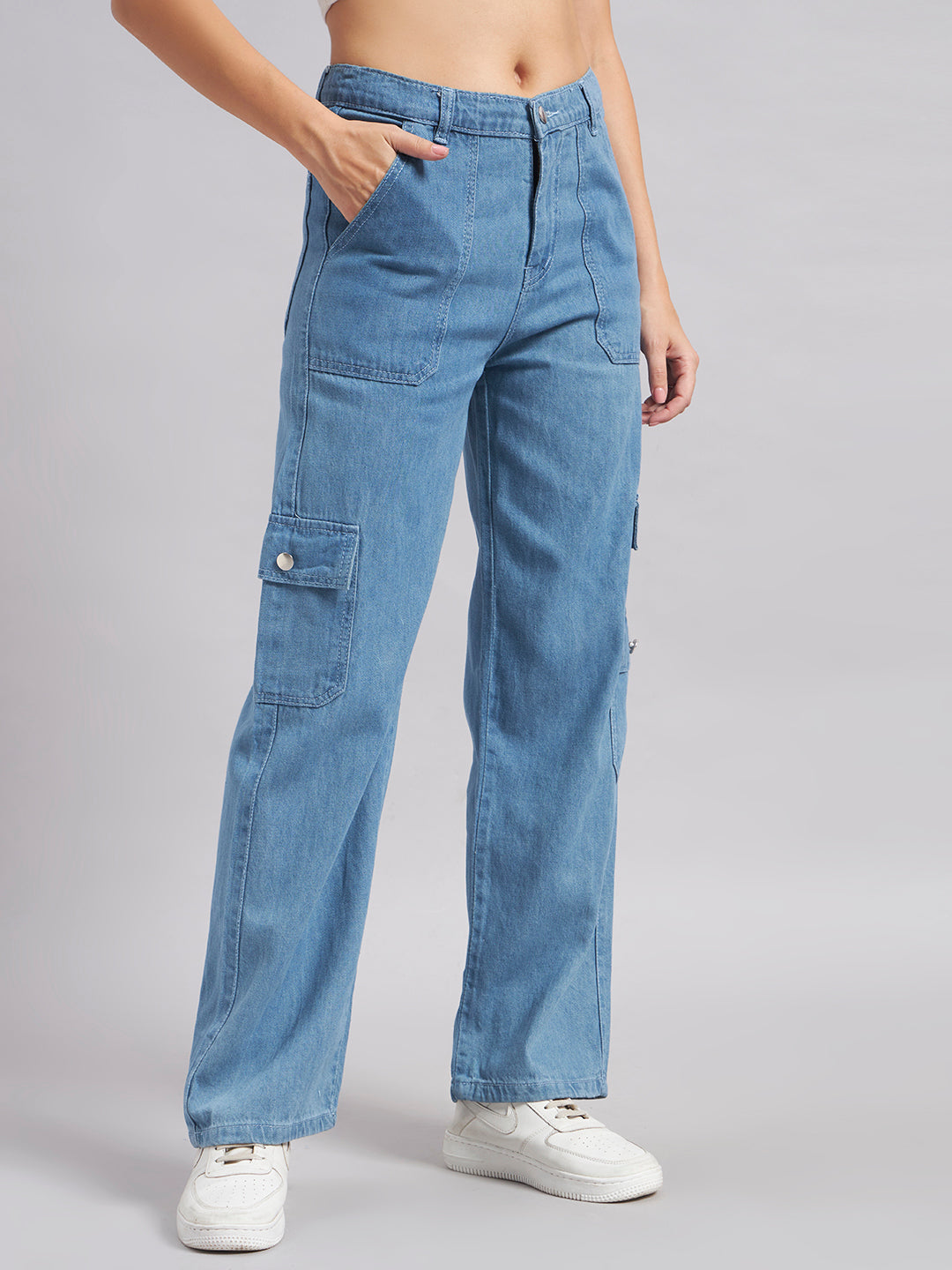 Women's Light Blue High-Rise Cargo Straight Leg Jeans