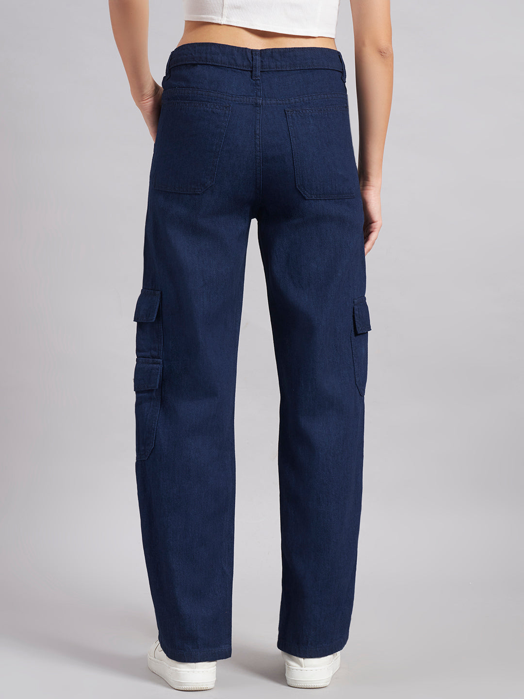 Women's Navy Blue High-Rise Cargo Straight Leg Jeans