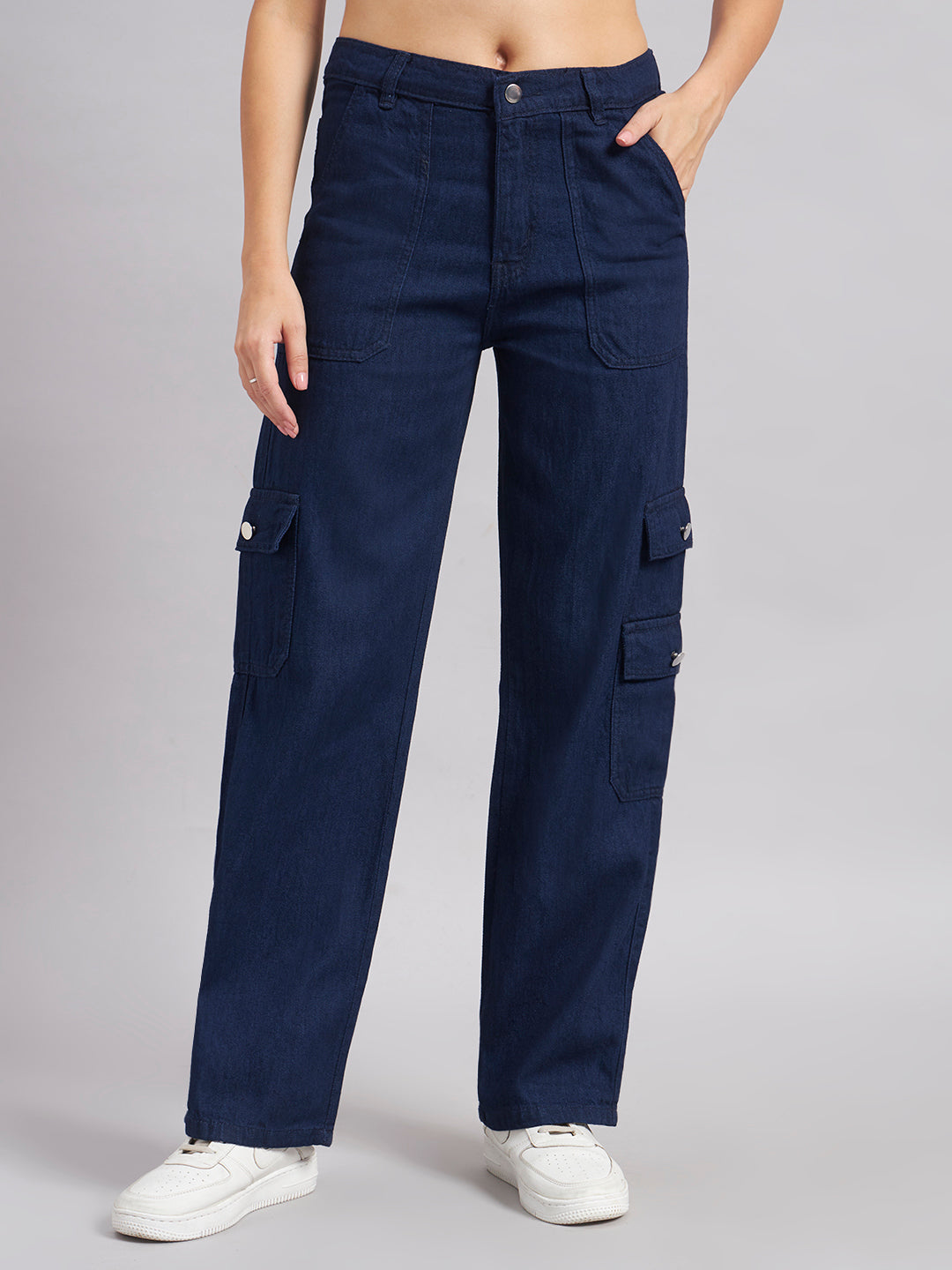 Women's Navy Blue High-Rise Cargo Straight Leg Jeans