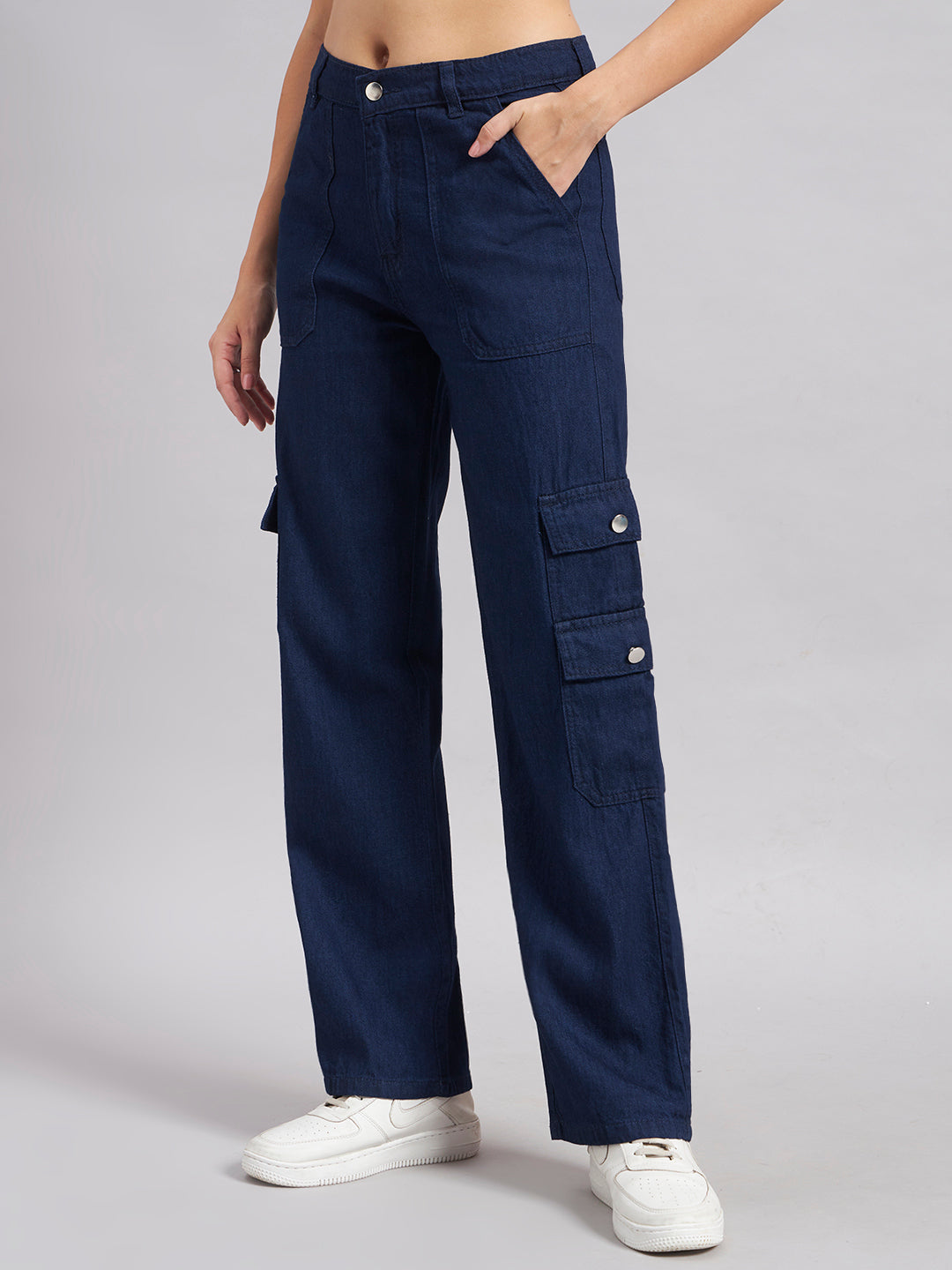 Women's Navy Blue High-Rise Cargo Straight Leg Jeans
