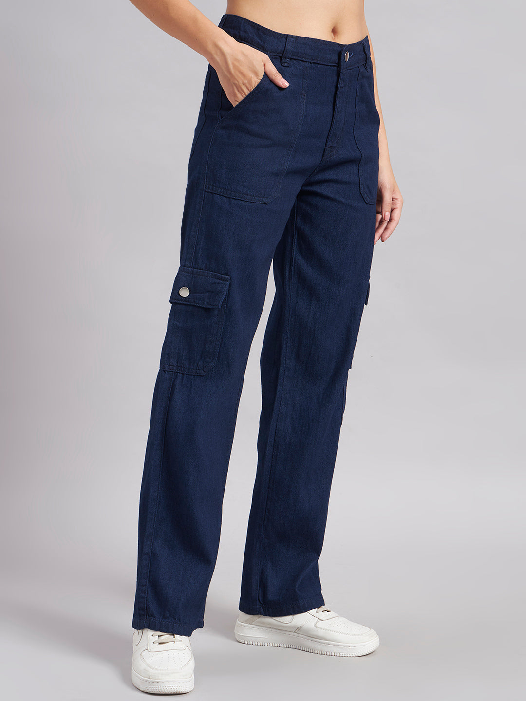 Women's Navy Blue High-Rise Cargo Straight Leg Jeans