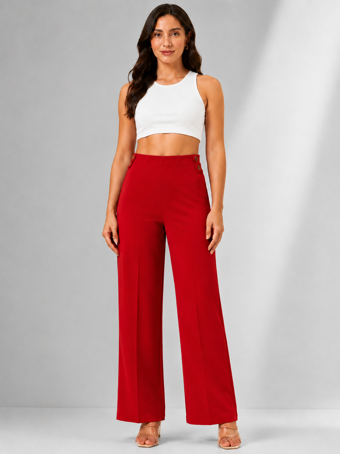 Women's Red High-Rise Wide Leg Trousers