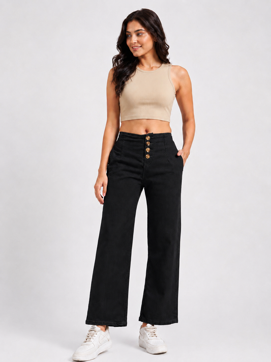 Women's Black High-Rise Button Front Wide Leg Jeans