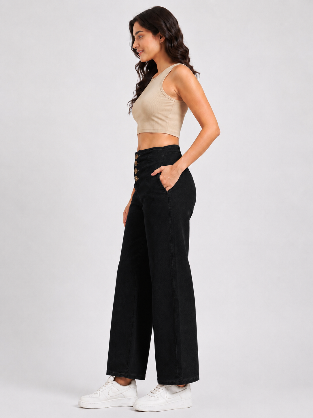 Women's Black High-Rise Button Front Wide Leg Jeans