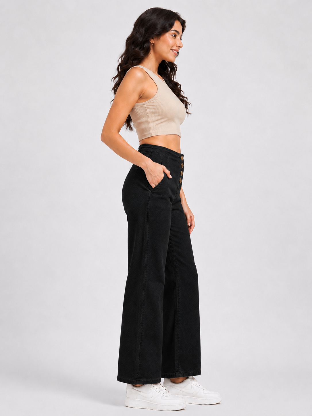 Women's Black High-Rise Button Front Wide Leg Jeans