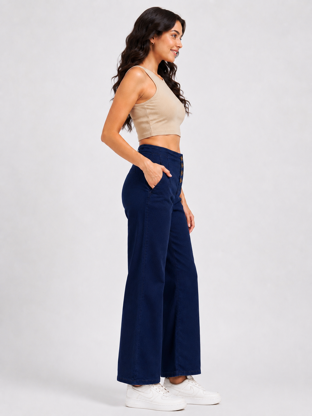 Women's Navy Blue High-Rise Button Front Wide Leg Jeans