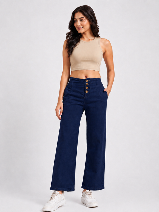 Women's Navy Blue High-Rise Button Front Wide Leg Jeans