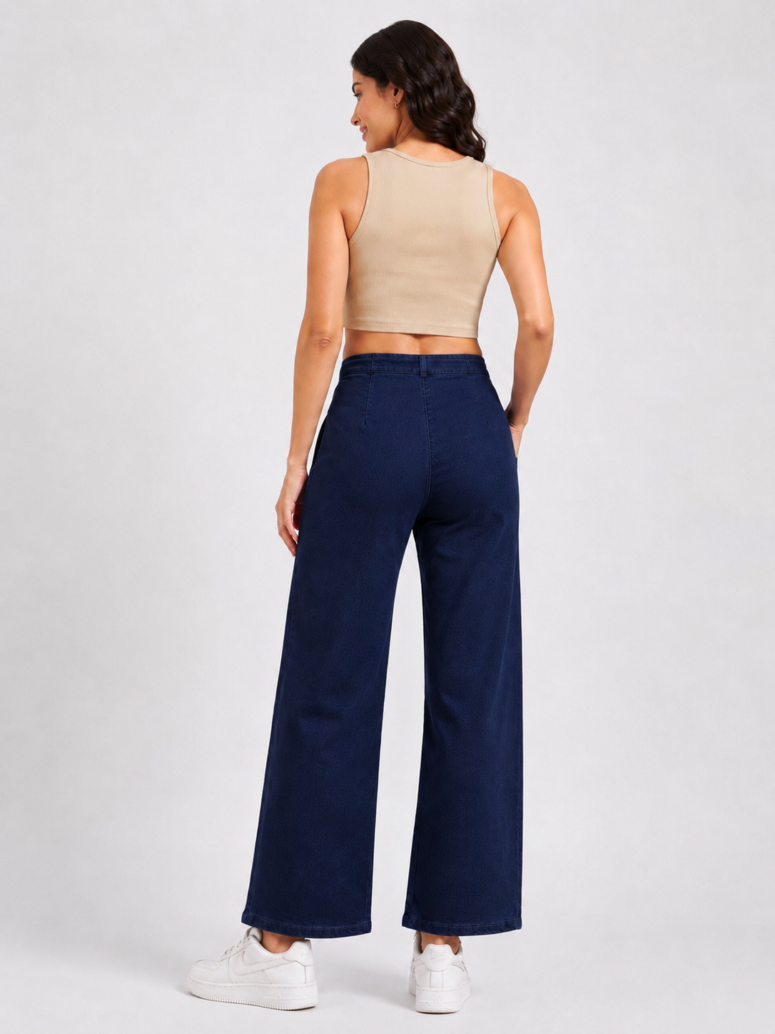 Women's Navy Blue High-Rise Button Front Wide Leg Jeans