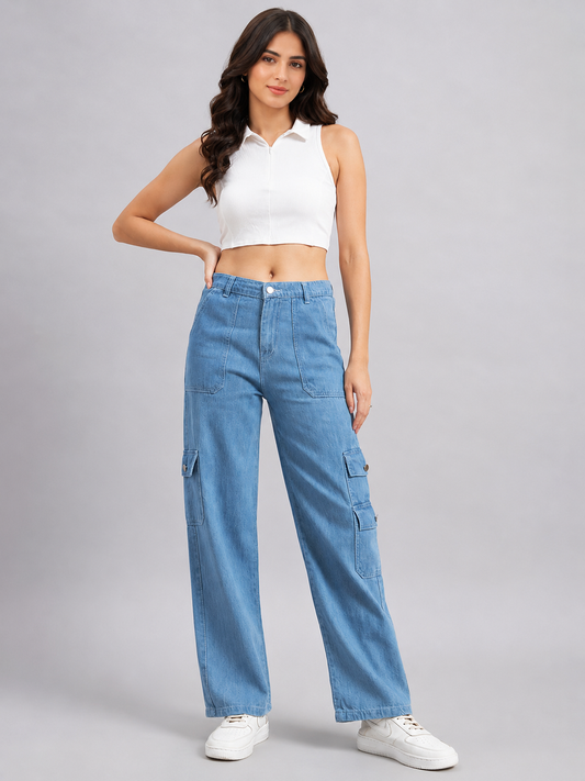 Women's Light Blue High-Rise Cargo Straight Leg Jeans