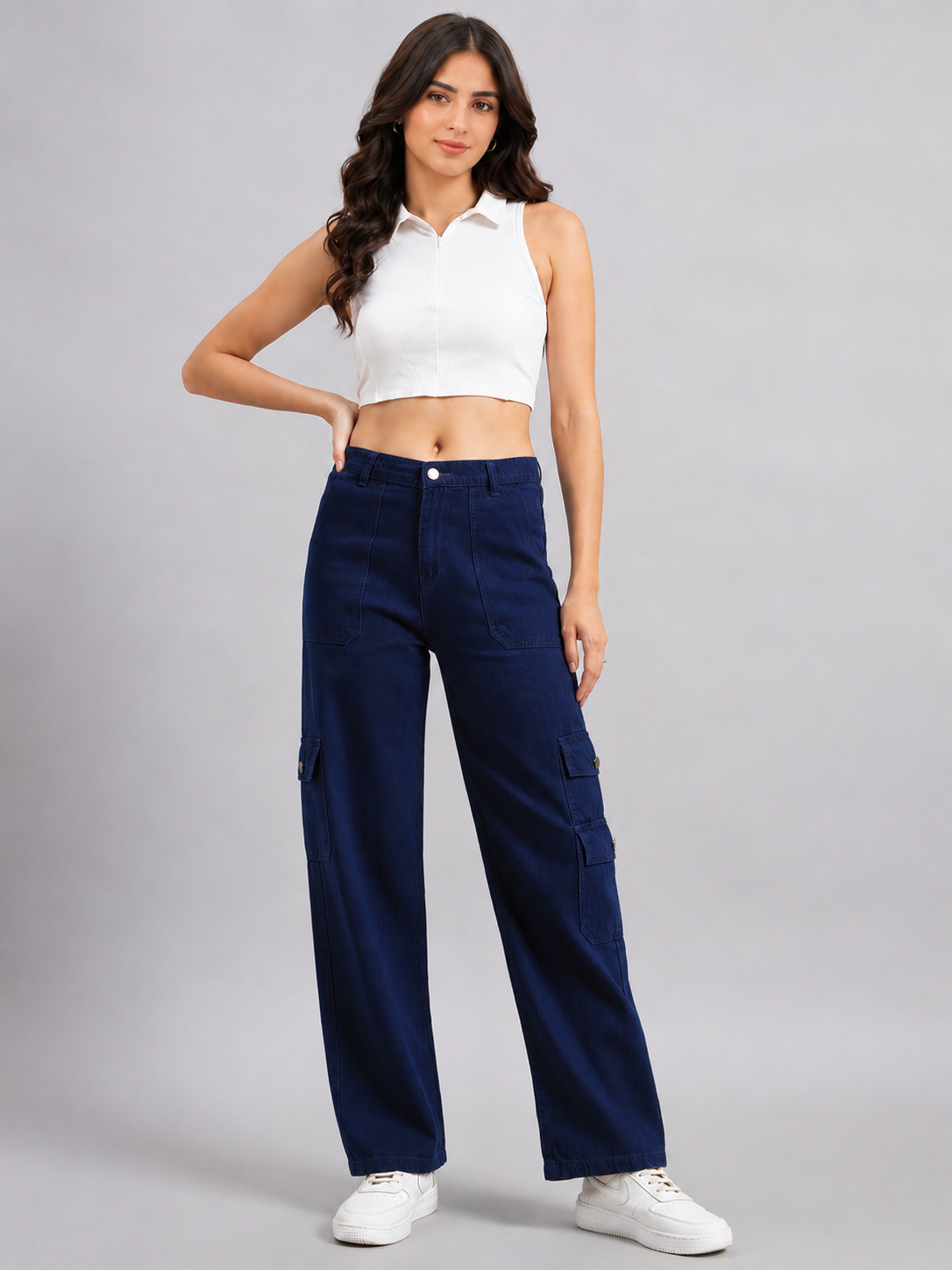 Women's Navy Blue High-Rise Cargo Straight Leg Jeans