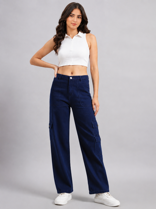 Women's Navy Blue High-Rise Cargo Straight Leg Jeans