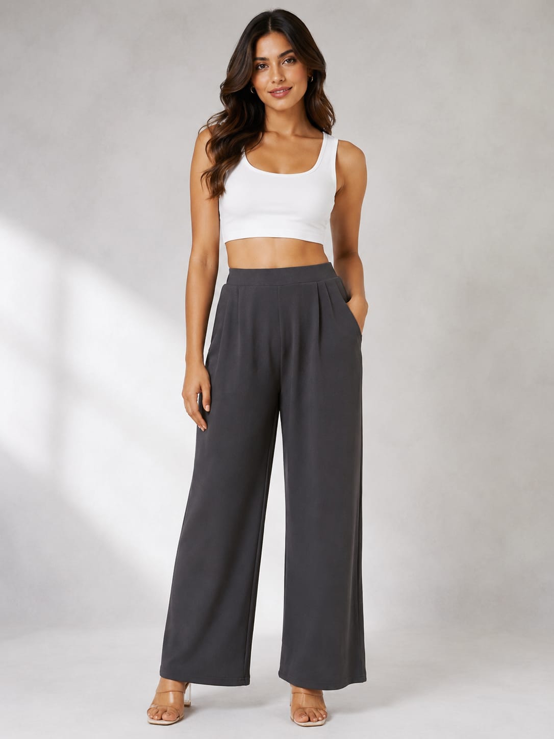 Women's Charcoal Grey Elasticated Wide Leg Trousers