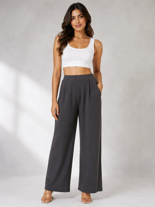 Women's Charcoal Grey Elasticated Wide Leg Trousers