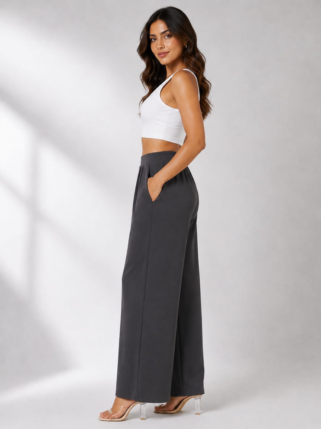 Women's Charcoal Grey Elasticated Wide Leg Trousers