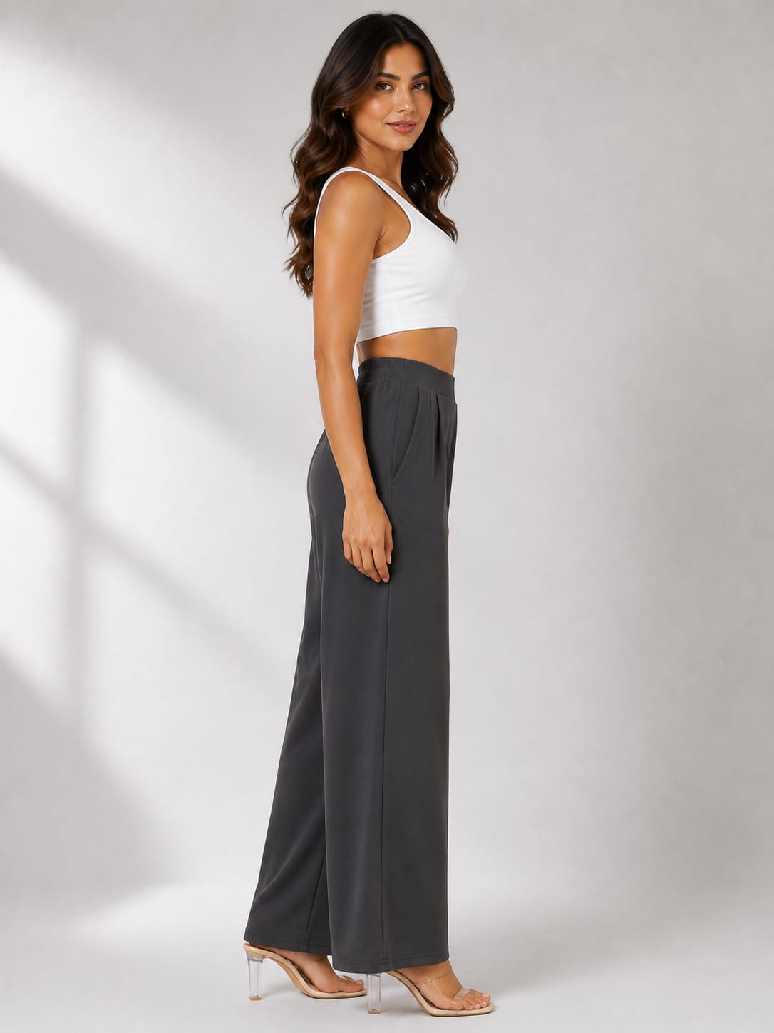 Women's Charcoal Grey Elasticated Wide Leg Trousers