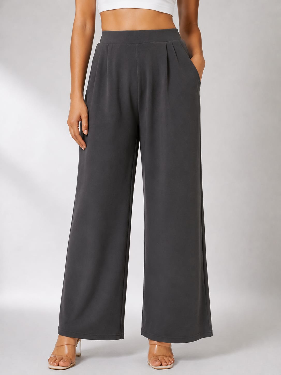 Women's Charcoal Grey Elasticated Wide Leg Trousers
