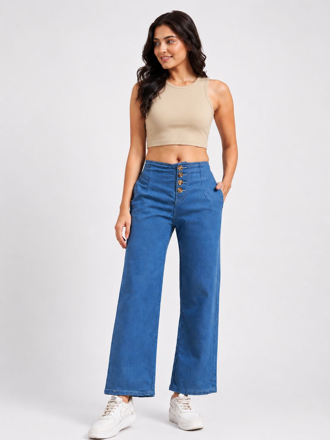 Women's Blue High-Rise Button Front Wide Leg Jeans