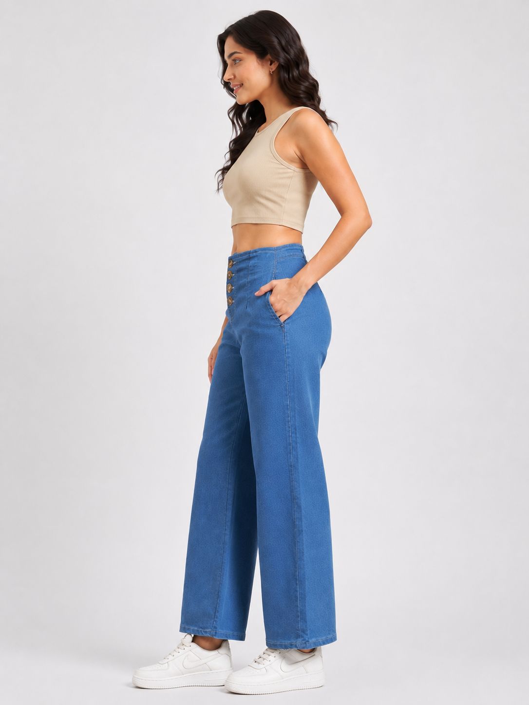 Women's Blue High-Rise Button Front Wide Leg Jeans