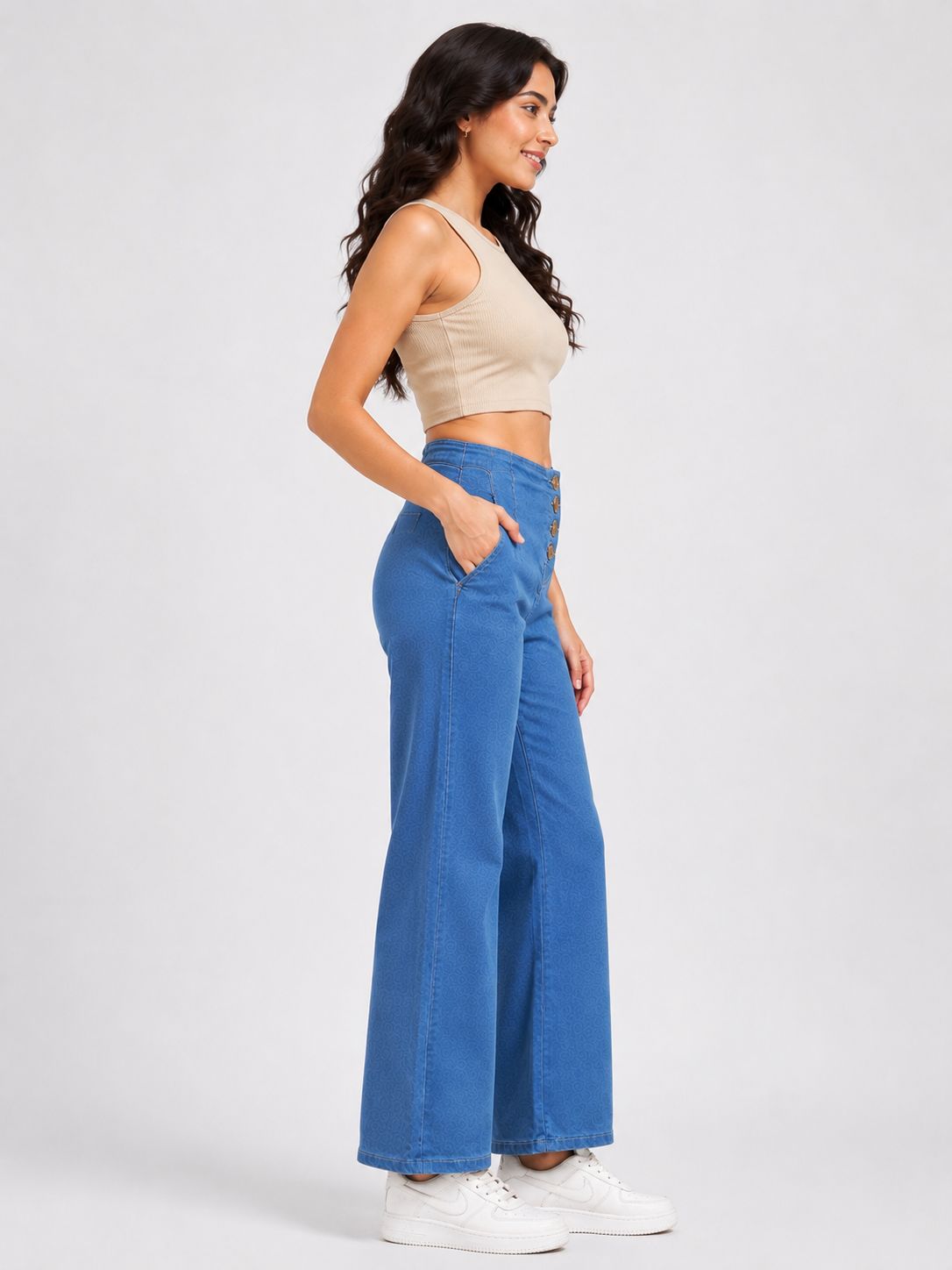 Women's Blue High-Rise Button Front Wide Leg Jeans