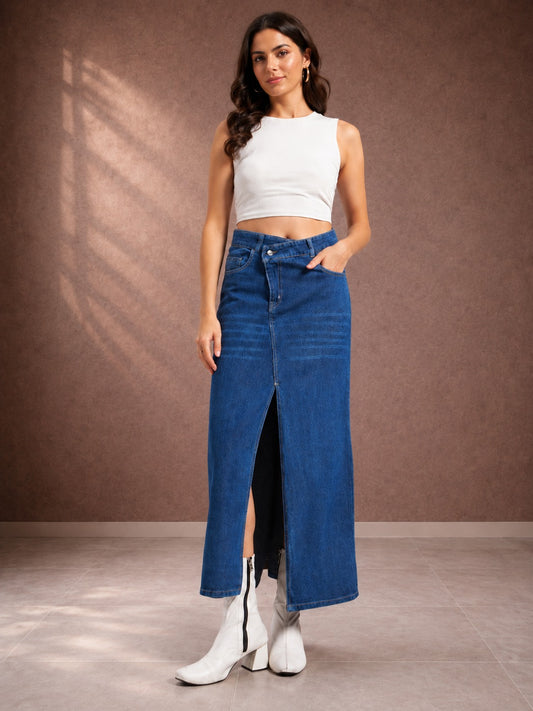 Women's Blue Front Slit Denim Maxi Skirt