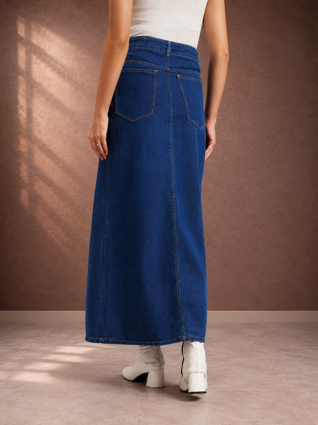 Women's Blue Front Slit Denim Maxi Skirt
