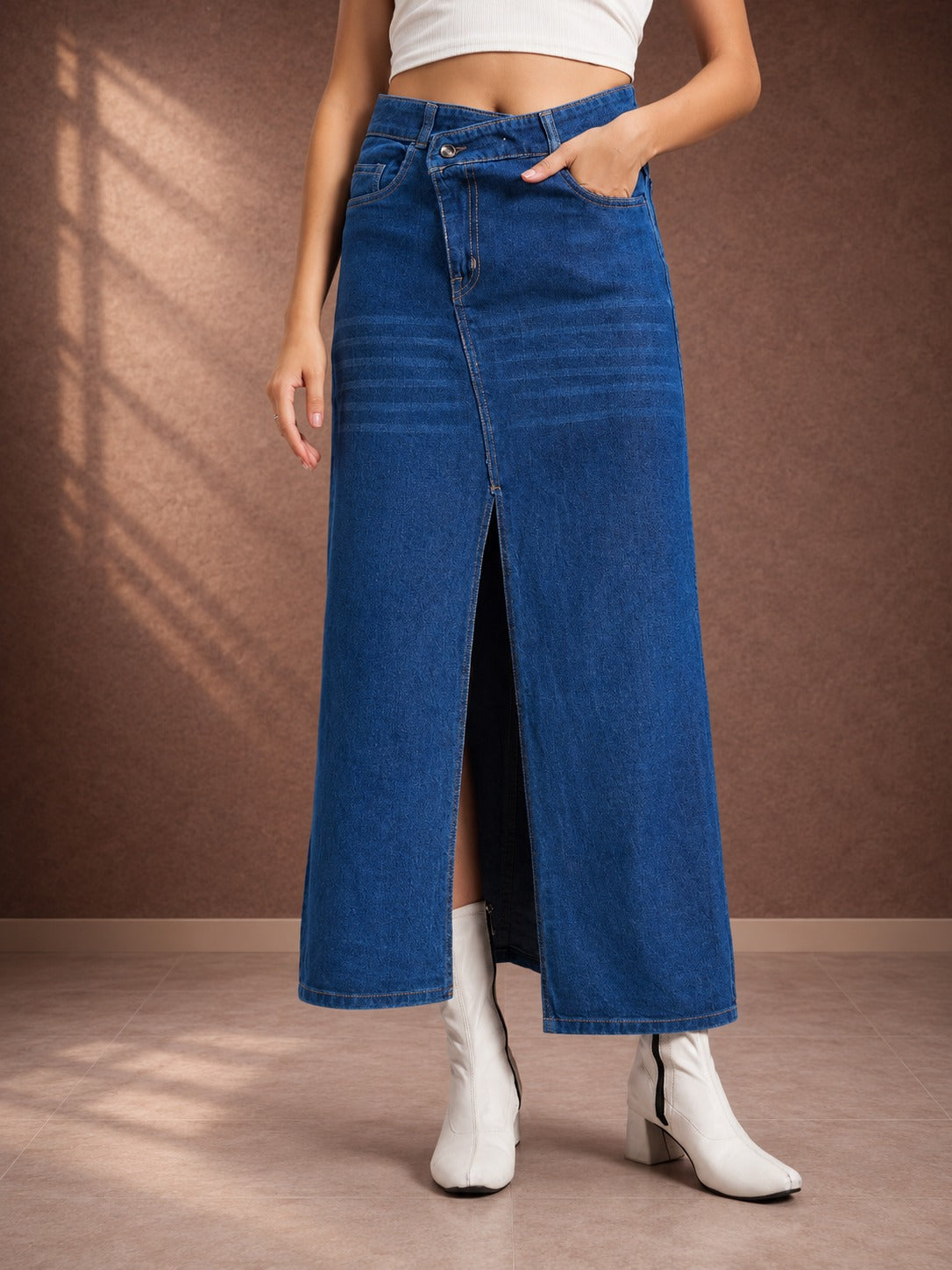 Women's Blue Front Slit Denim Maxi Skirt