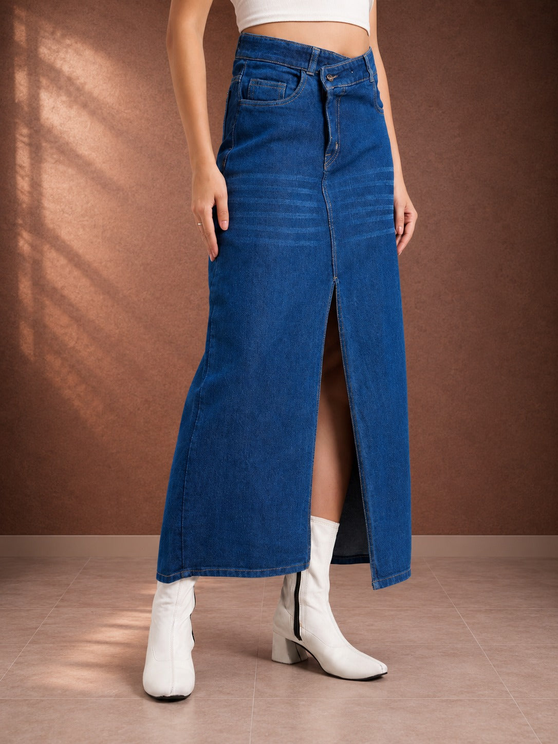 Women's Blue Front Slit Denim Maxi Skirt