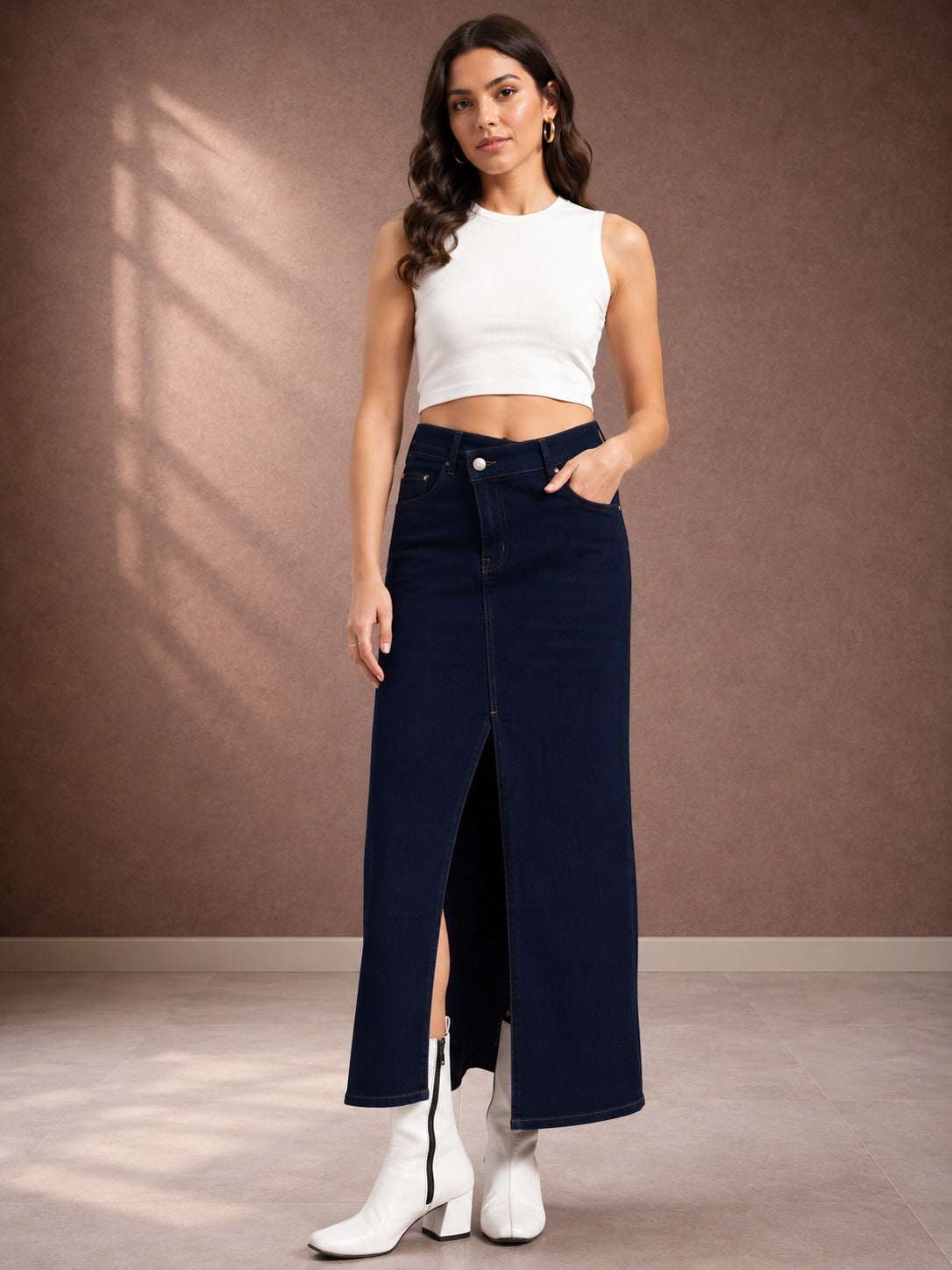 Women's Dark Blue Front Slit Denim Maxi Skirt