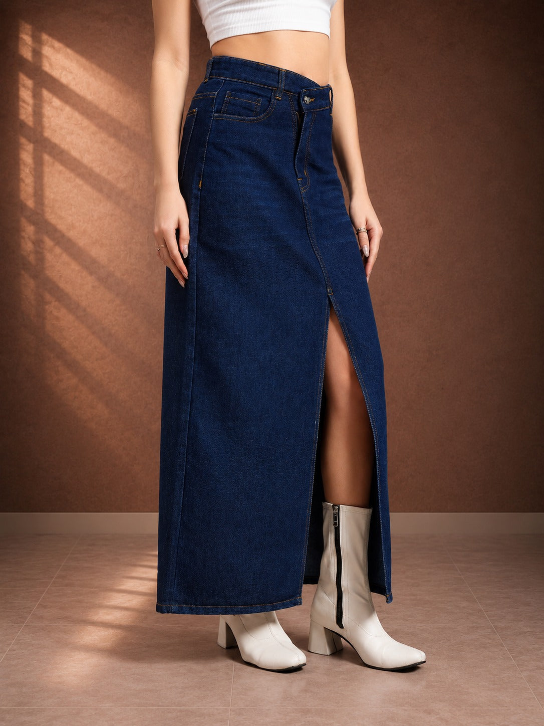 Women's Dark Blue Front Slit Denim Maxi Skirt