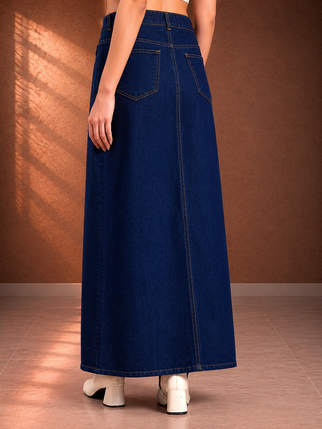 Women's Dark Blue Front Slit Denim Maxi Skirt